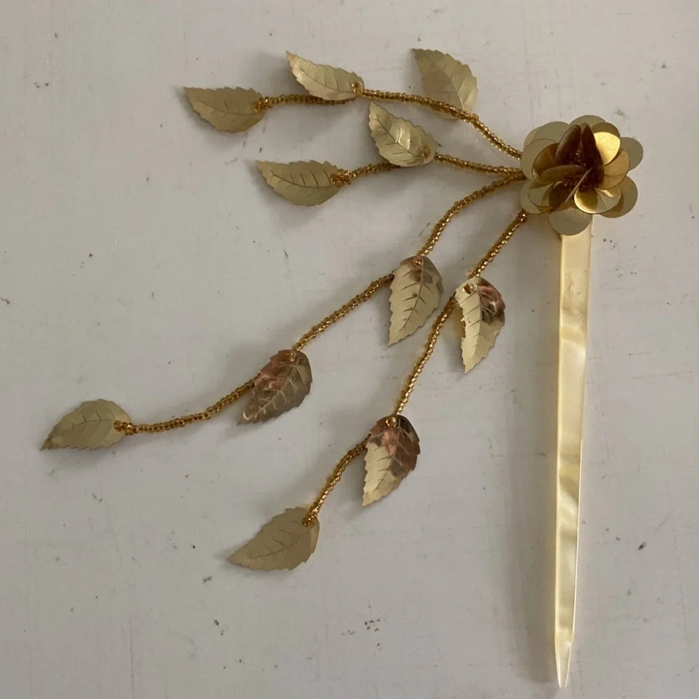 Vintage Gold Flower Hair Stick Pin with Gold Leaf Tassels. Made in Hong Kong